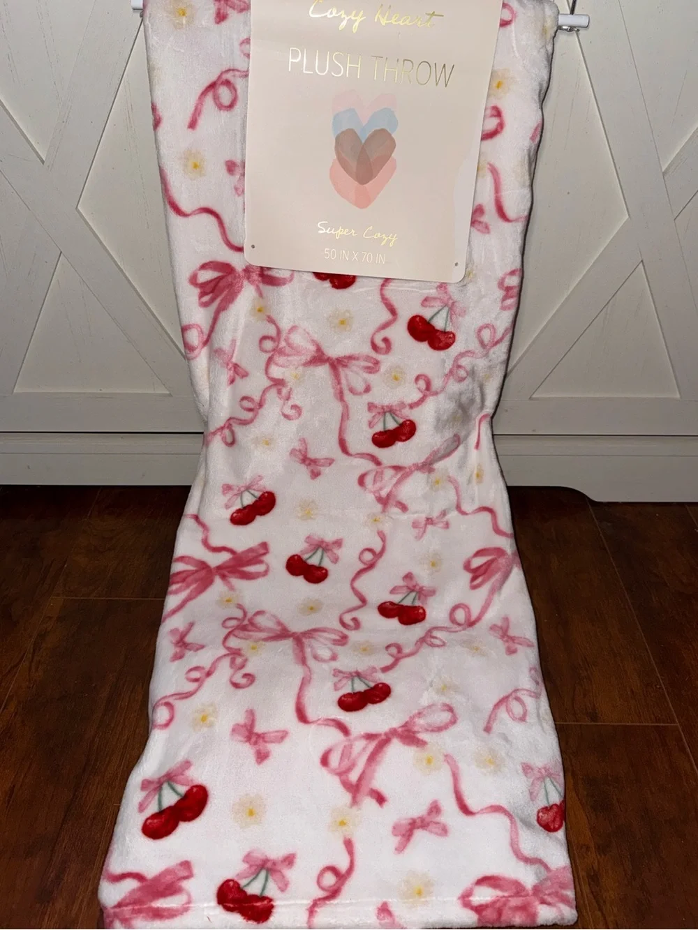 Cozy Heart Cherry & Pink Bows Plush Throw Blanket